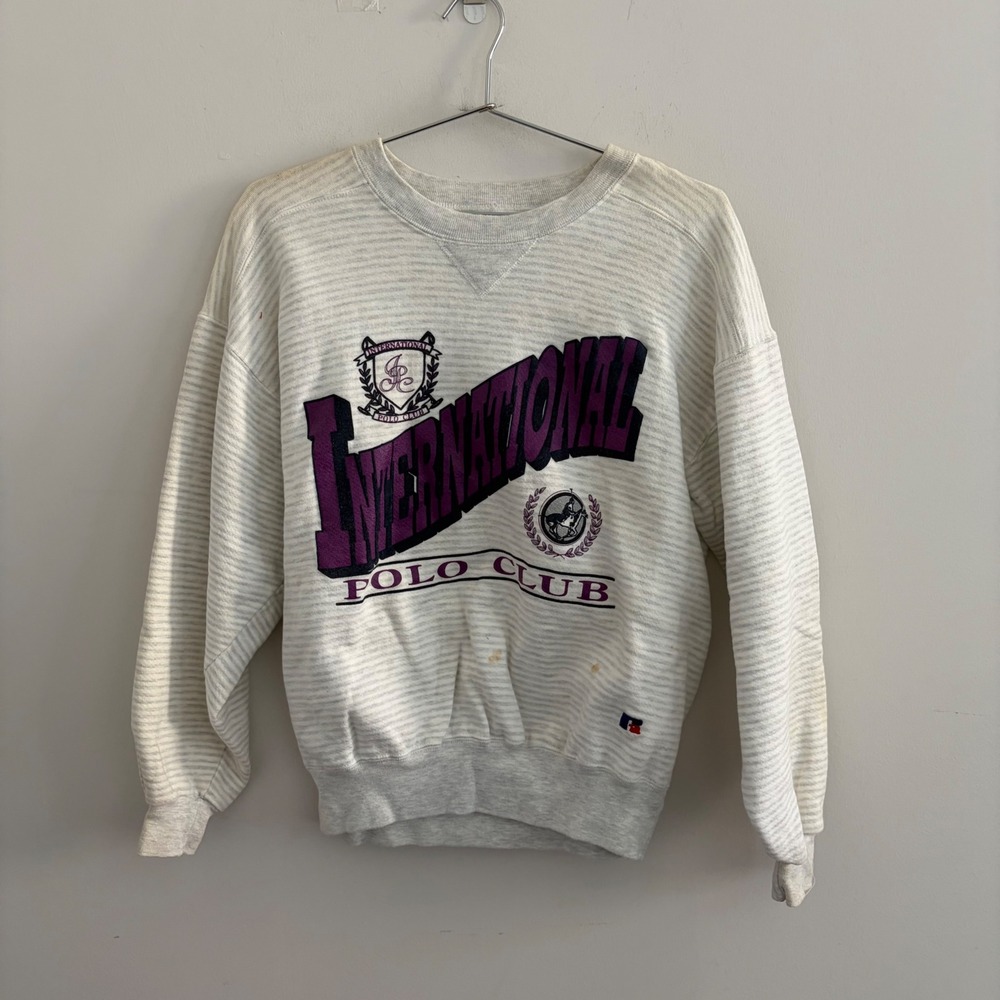 Vintage Russell Athletic International Polo Club Sweatshirt Gray Striped Large